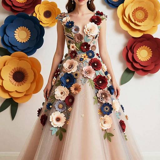 Photograph of a woman in a floral-embellished, sleeveless, ivory dress with colorful flower appliqués, standing against a backdrop of