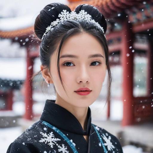 Young Asian Woman in Traditional Dress with Snowflakes