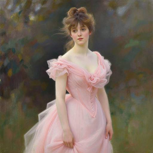Painting of a young woman with fair skin, brown hair in an updo, wearing a pink, off-shoulder, Victorian-style dress,