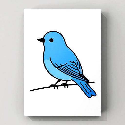 Digital drawing of a bright blue bird with black outlines, perched on a thin black line, set against a plain white background.