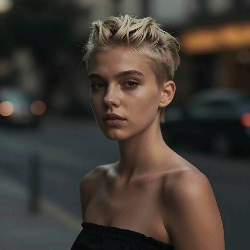 Blonde Woman with Hi-Top Fade in Dark Urban Setting