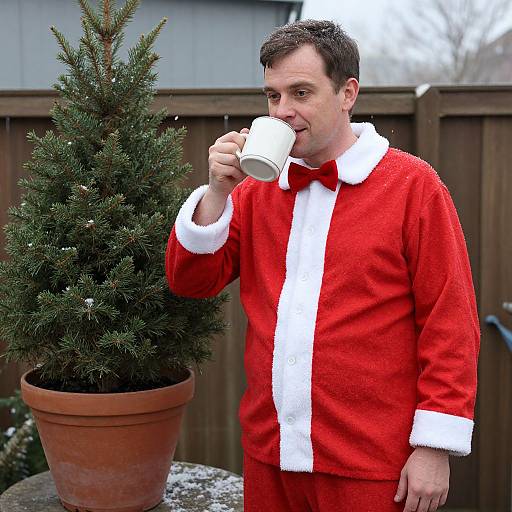 Photograph of a man in a red Santa robe with white trim, sipping from a white mug, standing in front of a potted Christmas tree