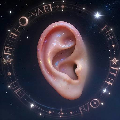 Digital artwork of a glowing, pink human ear with sparkles, surrounded by a celestial background with stars, zodiac symbols, and an astrological circle
