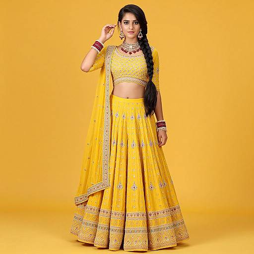 Photograph of a South Asian woman with long black hair, wearing a yellow traditional lehenga choli adorned with gold embroidery, against a bright yellow background