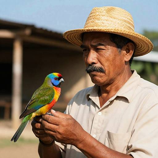 Serious Middle-Aged Man with Colorful Bird