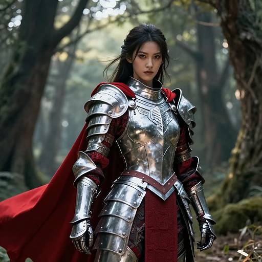 Photorealistic digital artwork of an Asian woman with long black hair in shiny silver armor and red cape, standing in a sunlit forest.