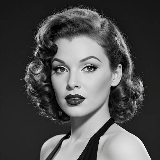 Black-and-white digital portrait of a 1940s-style woman with curly, shoulder-length hair, dark lipstick, and a black halter top,