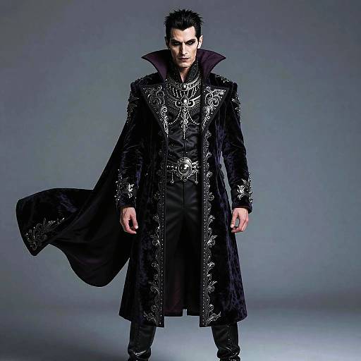 Photograph of a stern, dark-haired man in an ornate, black, long coat with intricate silver embroidery, standing against a gradient blue-gray background