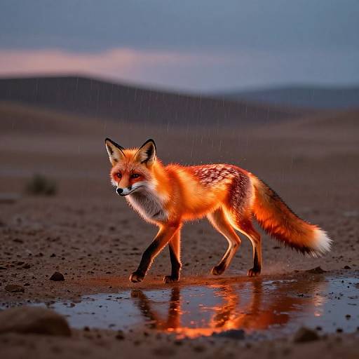 Photograph of a vibrant red fox with white underbelly and black-tipped ears, walking through a puddle in a rainy desert at sunset,