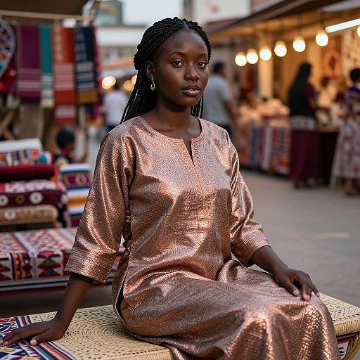 Photograph of a young Black woman with braided hair, sitting on a woven bench in a vibrant, illuminated market. She wears a shimmering pink