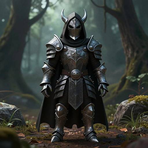 Digital art of a masked, armored knight with horned helmet standing in a mystical forest, surrounded by moss-covered rocks and trees.