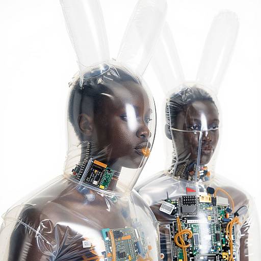 Photograph of two African women with transparent, technology-infused visors, showcasing circuit boards and wires, against a white background. Futuristic, high