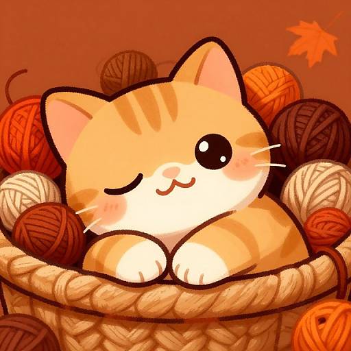 Cute, cartoon orange cat with black eyes and a winking smile, nestled in a woven basket filled with colorful yarn balls. Digital illustration, warm