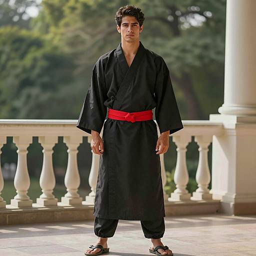 Stylish Young Man in Kimono Outdoor Shoot