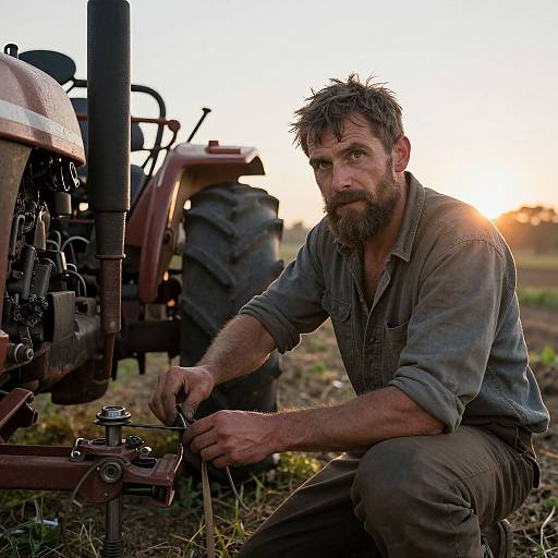 Photograph of a rugged, bearded man with disheveled hair, wearing a worn, button-up shirt, fixing a rusty red tractor at sunset