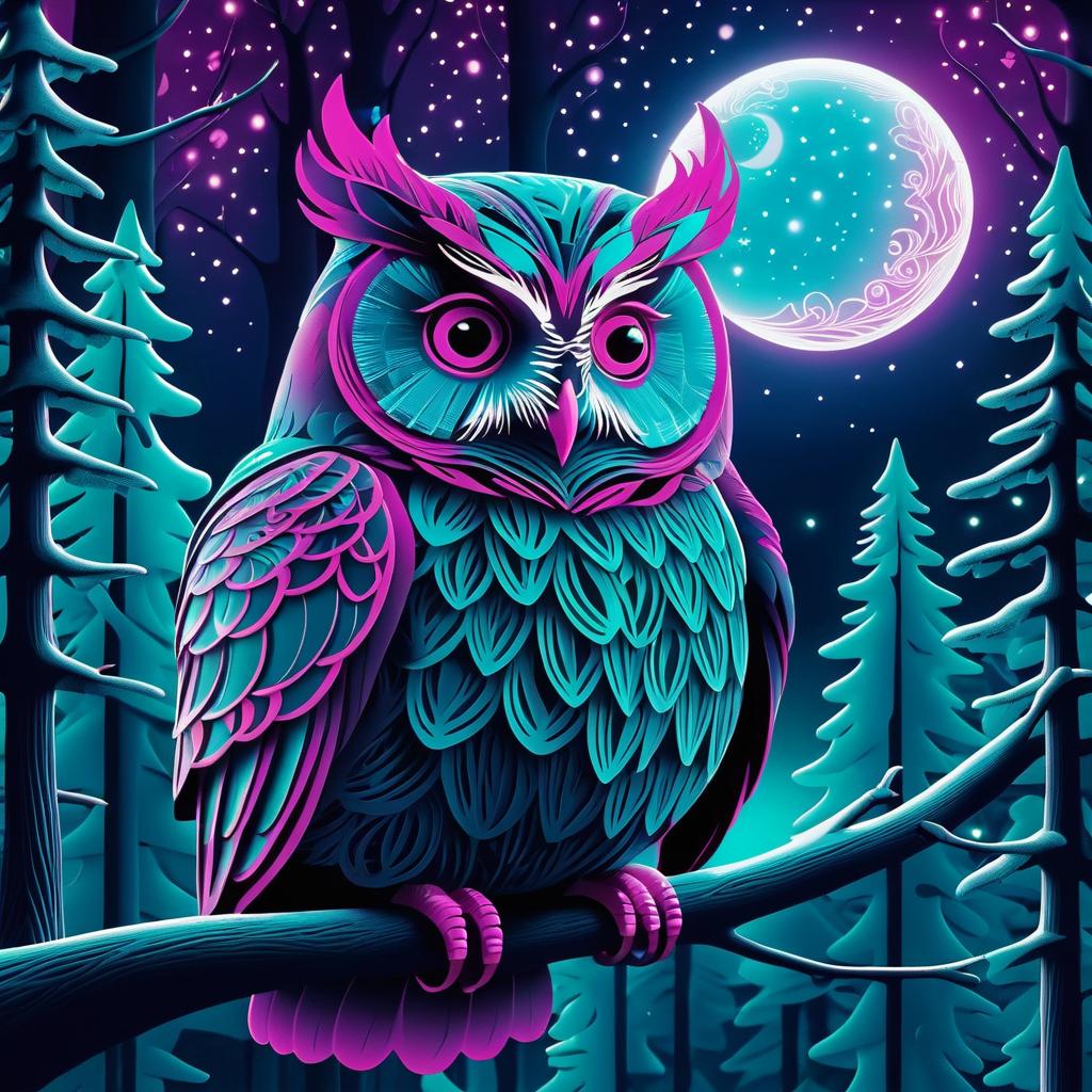 Magenta and Teal Enchanted Owl Illustration