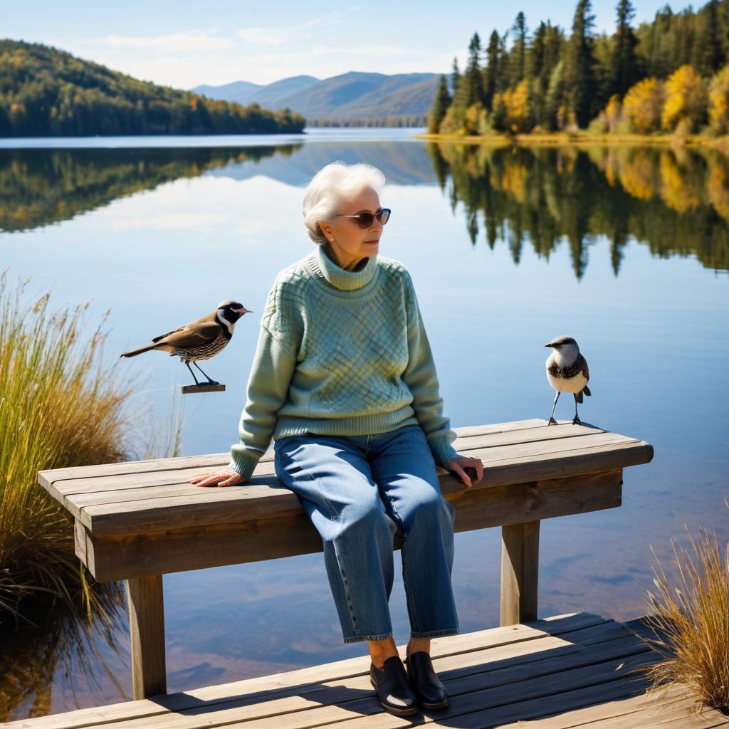 Elderly Woman Birdwatching by Scenic Lake