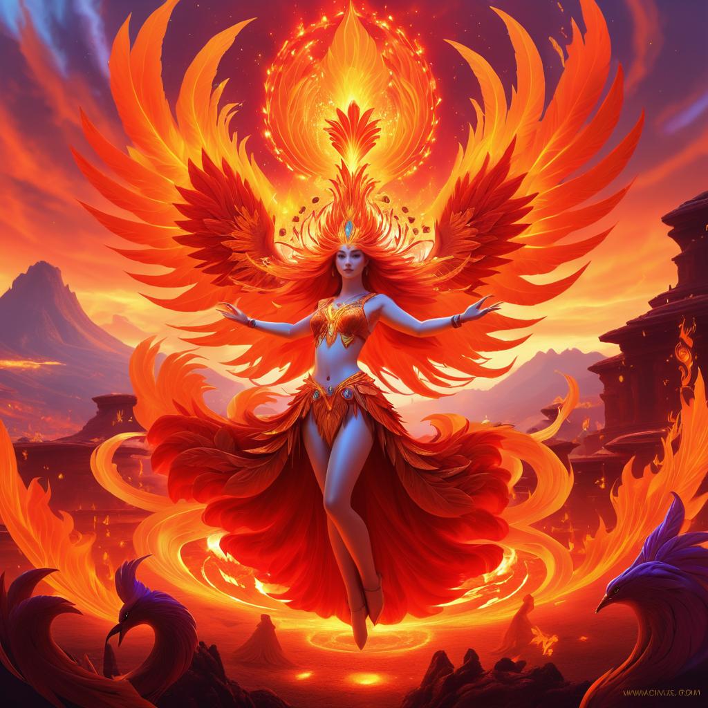 Mythical Phoenix in Fiery Fantasy Landscape