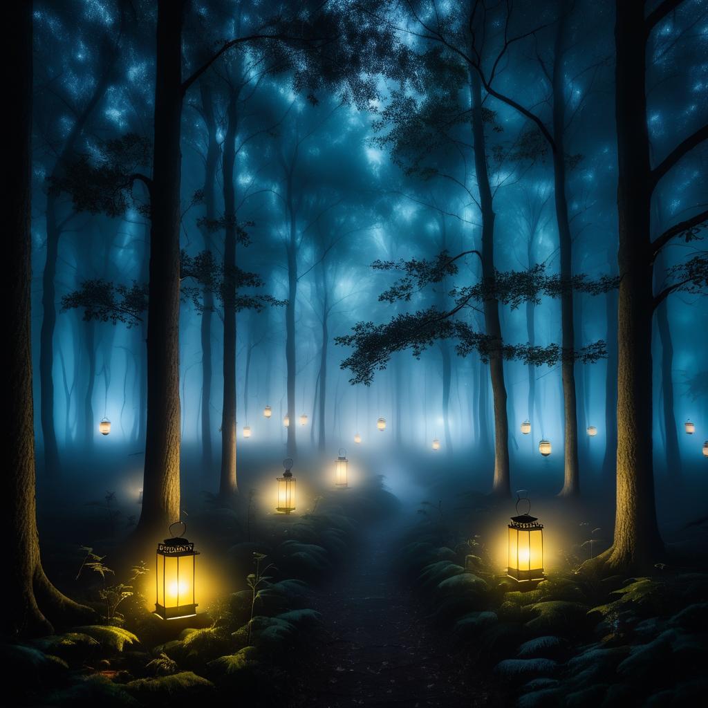 Mystical Foggy Forest with Lanterns at Night