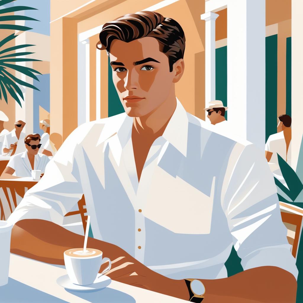 Stylish Young Man in Greek-Inspired Cafe