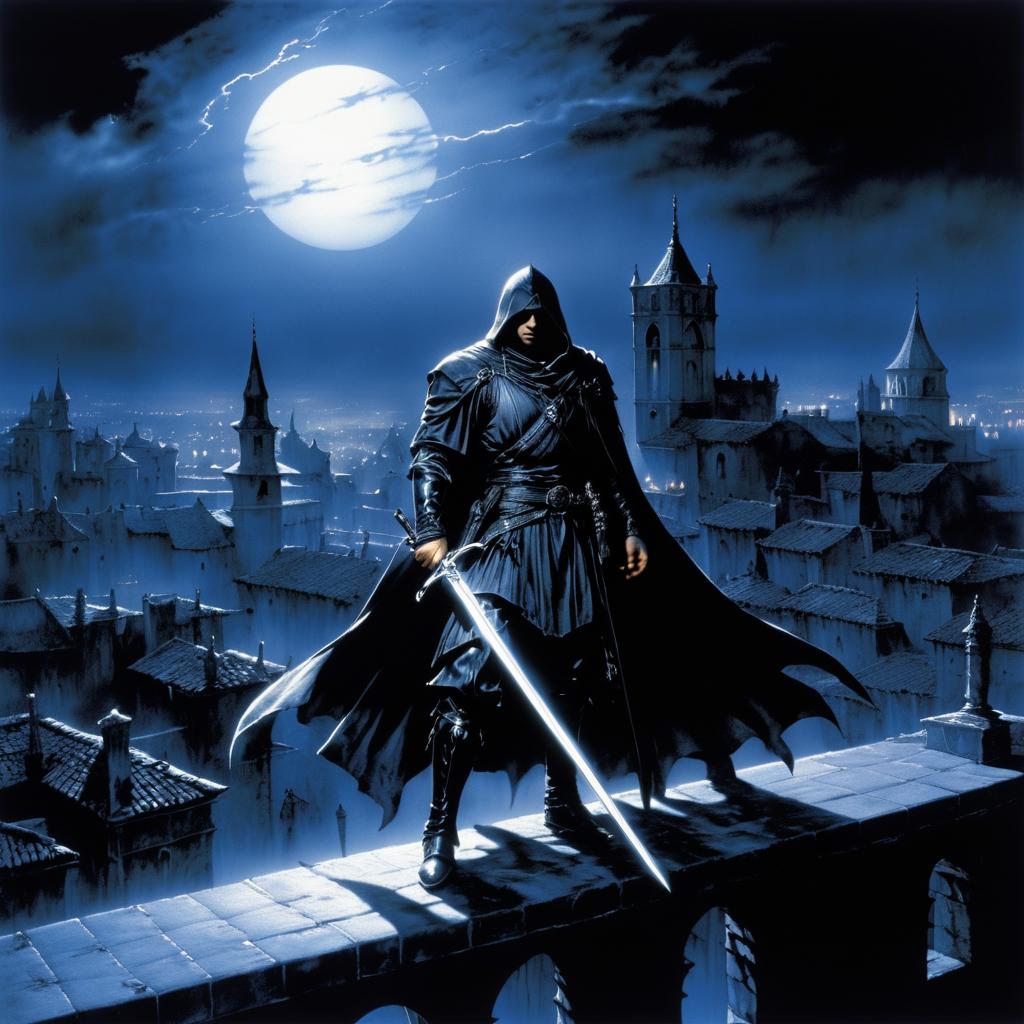 Brooding Assassin in Moonlit Medieval City