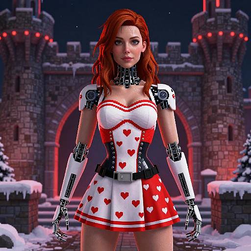 CGI image of a red-haired woman with robotic arms, wearing a red and white heart-patterned dress, standing in front of a snowy, medieval