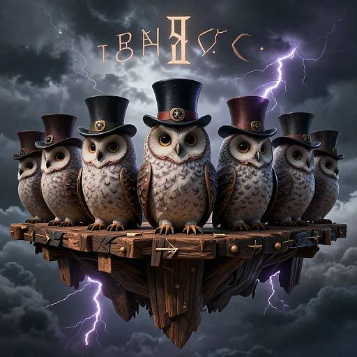 Digital artwork of six owls in top hats, standing on a wooden platform, surrounded by lightning and storm clouds, with 