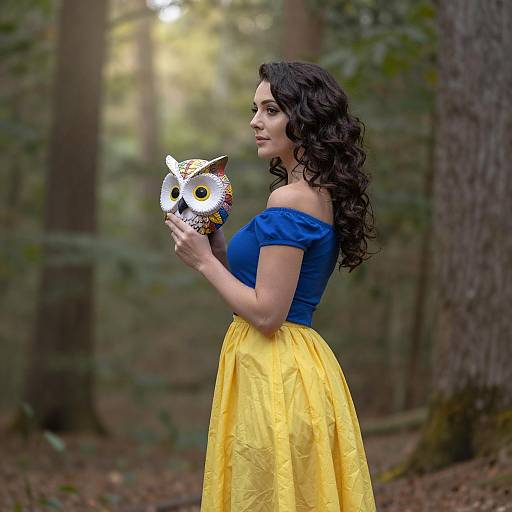 Photograph of a woman with long curly black hair, wearing a blue off-shoulder top and yellow skirt, holding a colorful owl mask in a