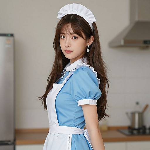 Photograph of an Asian woman with long brown hair, wearing a blue and white maid outfit, standing in a modern kitchen.