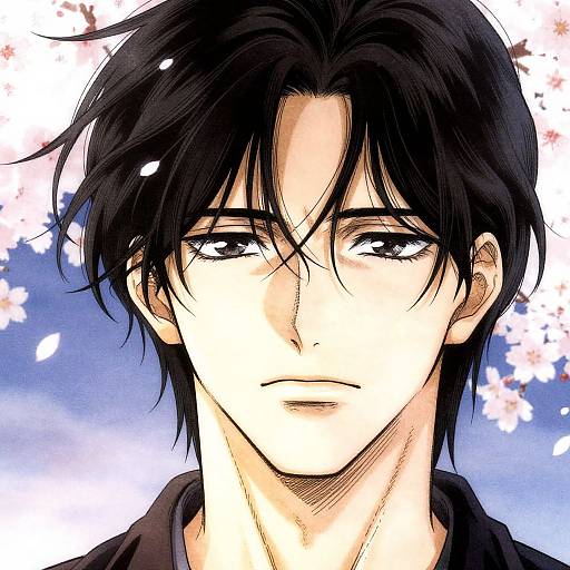 Anime-style digital drawing of a handsome young man with black, slightly messy hair, pale skin, and serious blue eyes, set against a background of cherry