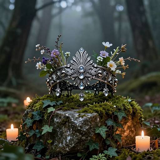 Photograph of a silver floral crown with white, purple, and yellow flowers atop a moss-covered stone, surrounded by candles in a misty forest.
