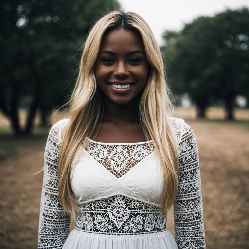 Smiling Dark-Skinned Woman in White Lace Dress Outdoors