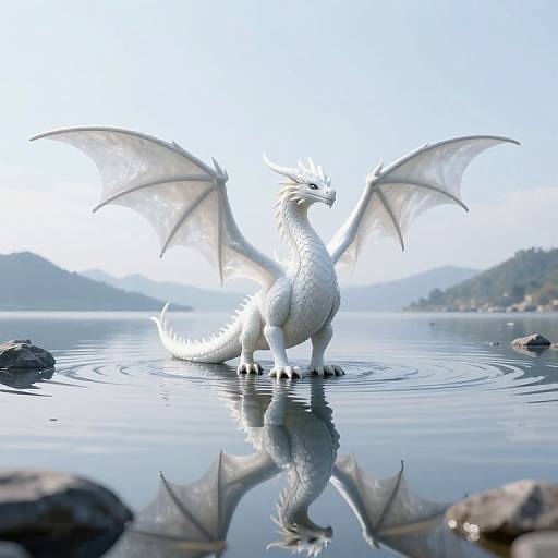 Photorealistic digital art of a white dragon with translucent wings standing in a calm lake, reflecting on the water's surface.