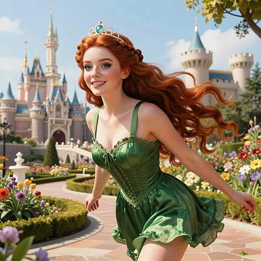 Digital illustration of a smiling red-haired princess in a green, strapless, ruffled dress, tiara, and flowing hair, running through a vibrant