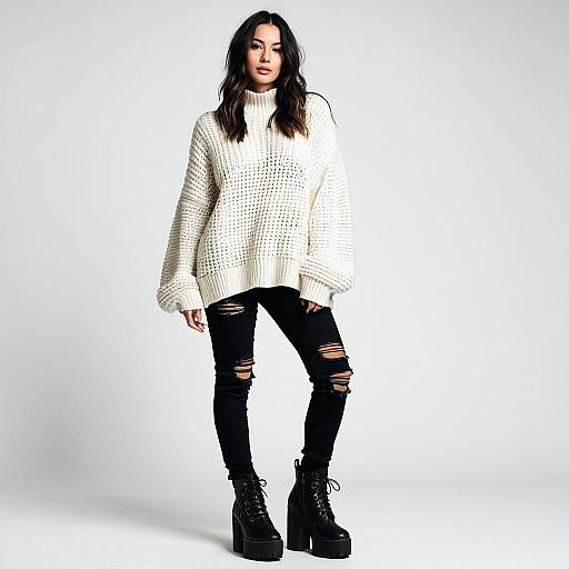 Stylish Woman in Chunky Knit Sweater and Ripped Jeans