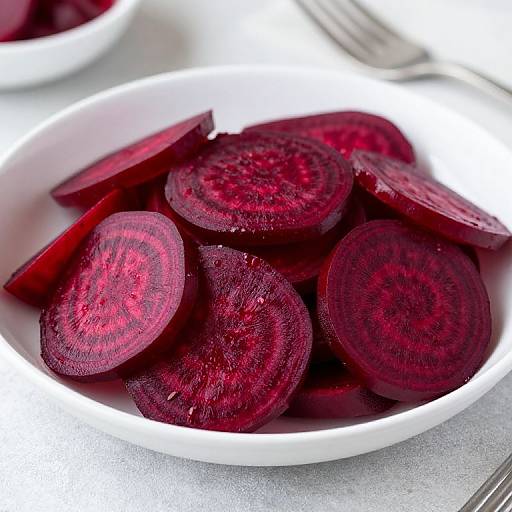 Photograph of a white bowl filled with vibrant red beetroot slices, showcasing their concentric rings, on a silver surface.