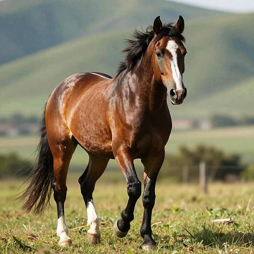 Strong Brown Horse on Grassy Hill