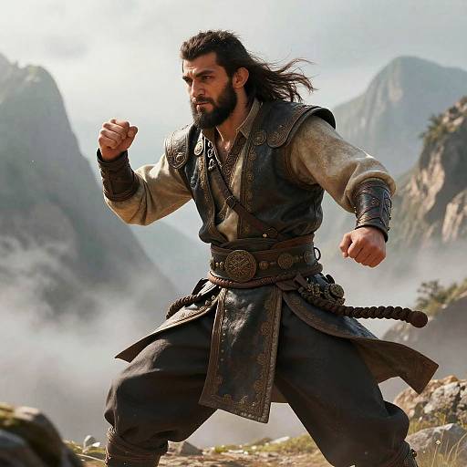 Photorealistic CGI of a bearded, muscular man with long dark hair, wearing medieval armor and rugged clothing, fighting stance in a misty mountain
