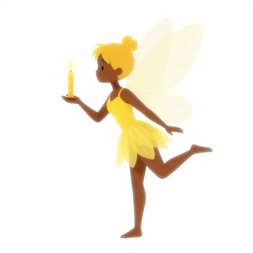 Digital illustration of a dark-skinned fairy with bright yellow hair and dress, holding a glowing flame in her right hand, balancing on one leg.