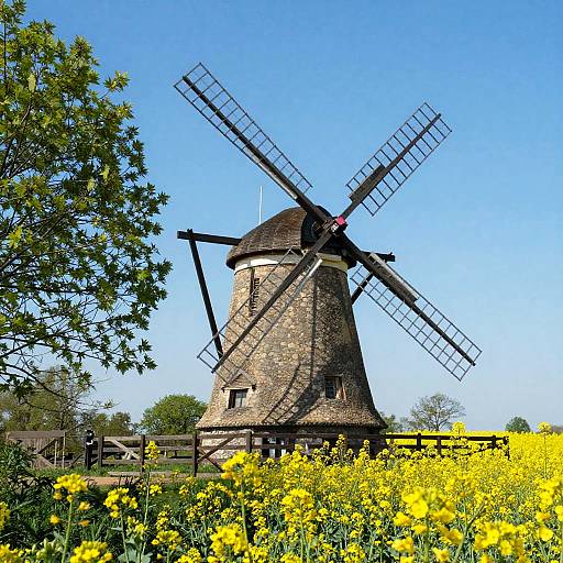 Photograph of a traditional stone windmill with black blades, surrounded by bright yellow flowers, green trees, and a clear blue sky.