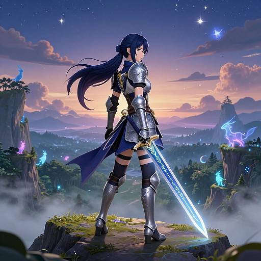 Digital anime-style illustration of a blue-haired, armored warrior with a glowing sword, standing on a rocky outcrop at sunset, surrounded by glowing blue fire