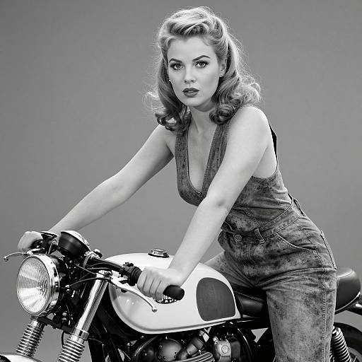 Black-and-white photograph of a 1950s-style woman with wavy hair, wearing a deep V-neck denim dress, leaning on a vintage motorcycle