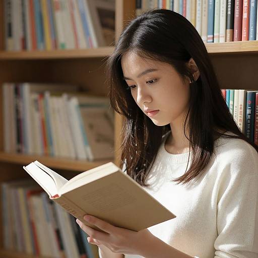 Photograph of an Asian woman with long black hair, wearing a white sweater, reading a book in a sunlit library.