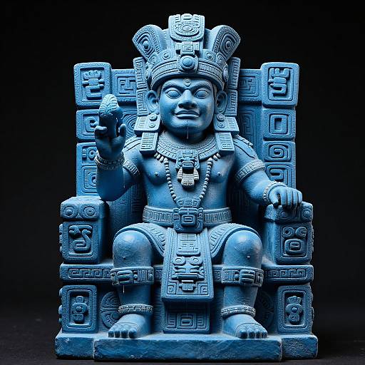 Photograph of a blue, intricately carved stone statue of a Mayan deity seated on a detailed throne, wearing elaborate headdress and jewelry.