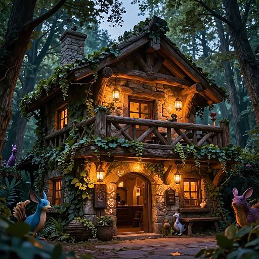 Whimsical, fairy-tale forest cottage with glowing lanterns, surrounded by enchanted creatures, including a blue bird, white rabbit, and purple hare