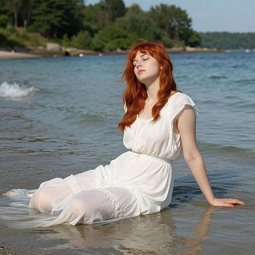 Photograph of a fair-skinned red-haired woman in a flowing white dress, sitting on a sunny beach with gentle waves, eyes closed, serene expression