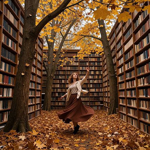 Photograph of a woman in a white blouse and brown skirt, dancing in a library aisle with yellow autumn leaves, surrounded by tall trees and booksh