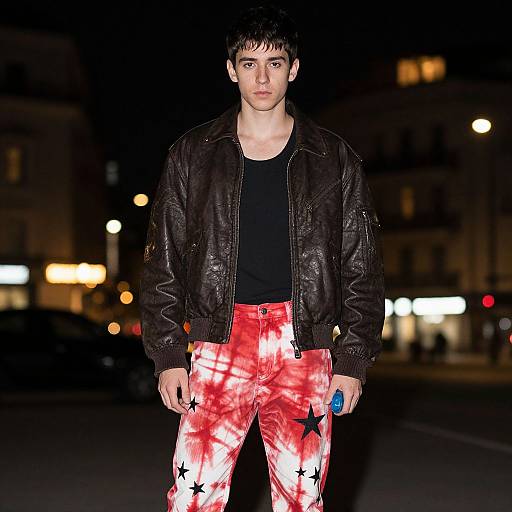 Photograph of a young man with short dark hair, wearing a black leather jacket, black shirt, and red tie-dye pants with black stars,