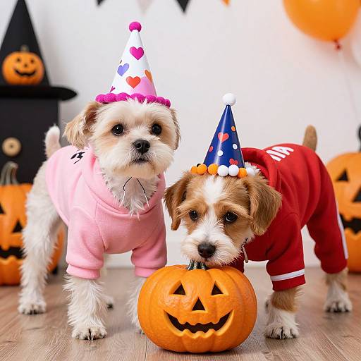 Photograph of two small, white-and-brown puppies in festive hats and clothes, standing beside carved pumpkins in a Halloween-themed room.