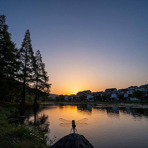 Photograph of a sunset over a calm lake, with a silhouetted person standing on a rock, ripples forming, and a small town